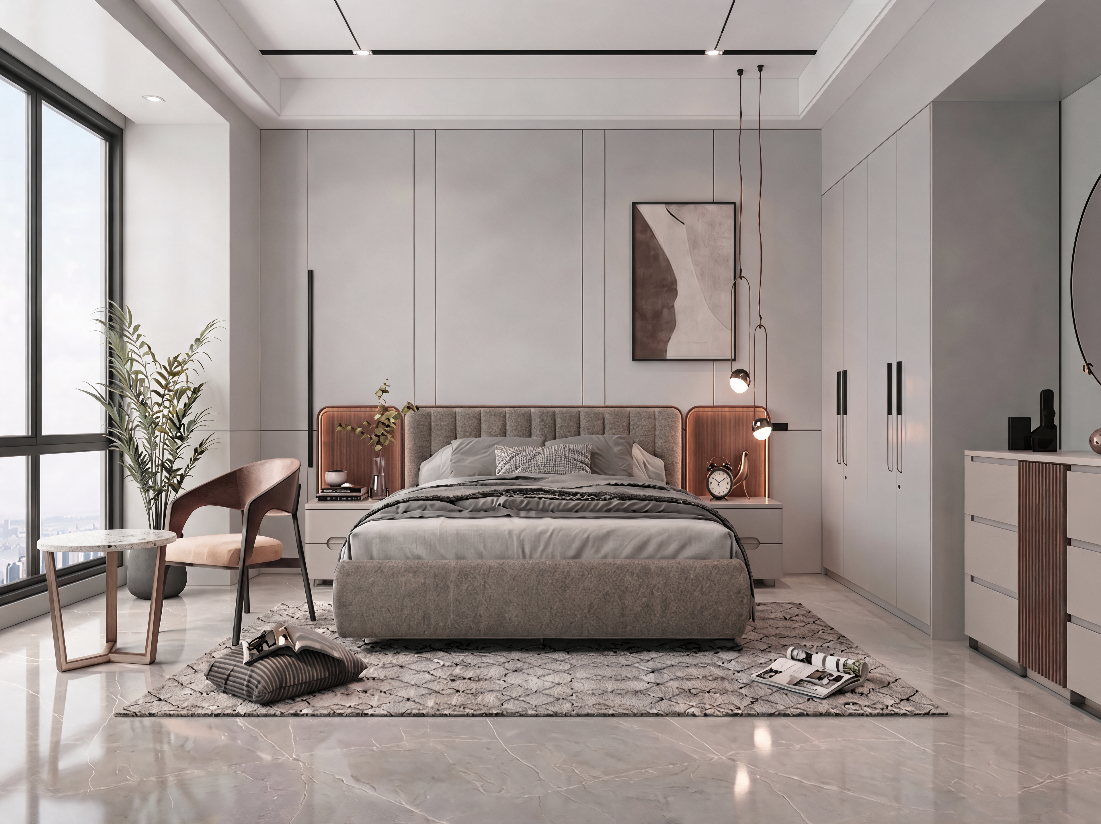 A modern bedroom interior featuring a bed with gray bedding, a patterned rug, a chair, side tables, built-in wardrobes, and a large window. The room is styled in a minimalist, contemporary design with neutral gray and warm wood tones.